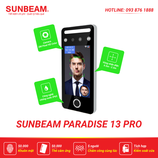 Máy chấm công khuôn mặt Sunbeam Paradise 13 Pro